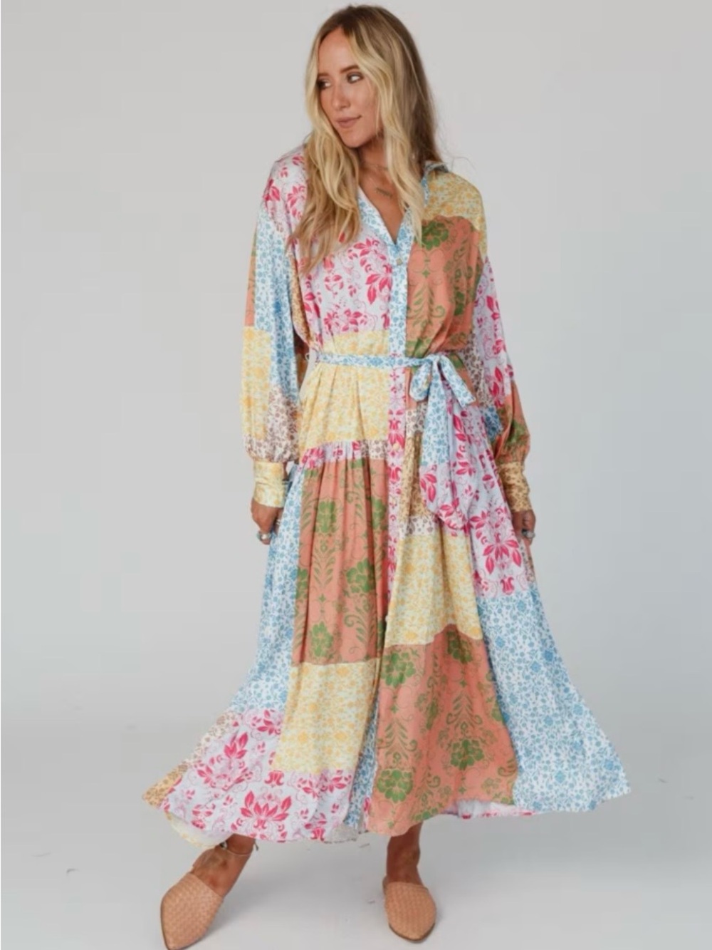 Patchwork Floral Maxi Shirt Dress - Multi-Color